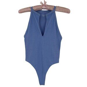 NWT UO Blue Ribbed Bodysuit XS/S High Neck V-Slit Thong • Modern Minimalist Y2K